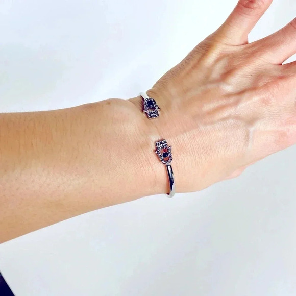 Zen Hamsa Hand Adjustable Silver Toned Bracelet with Rhinestones - Picture 3 of 3